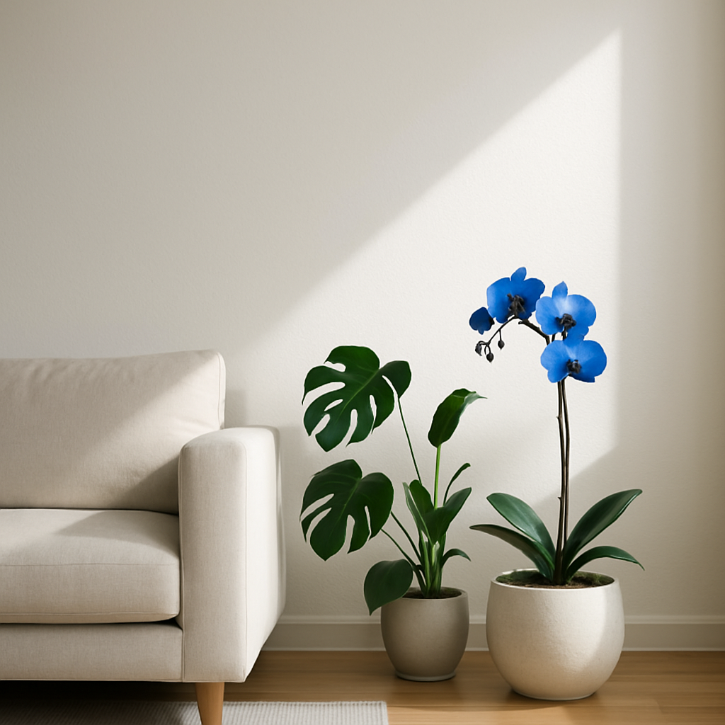 A minimalist white living room with a sunbeam falling softly over a blue orchid placed in a ceramic planter beside a Monstera and a peace lily.